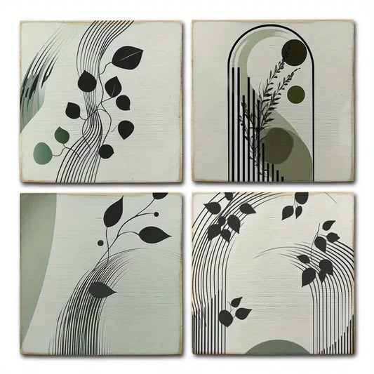 4pcs Green Leaves Art With Black Lines Wall Art Canvas Framed