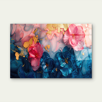 Abstract Floral Navy Blue Pink Gold Glass Printing Wall Art Australian Made