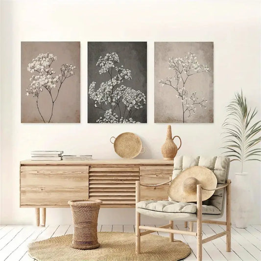 3pcs Beige Botanical Elegant Plant Illustrations Metal Print Ready to Hang Art