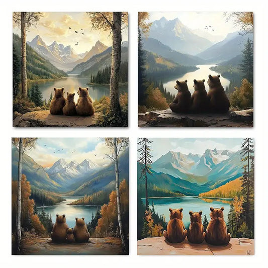 4pcs Bear Family Landscape Modern Elegant     Wall Art Canvas Framed