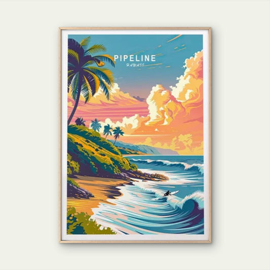 Pipeline Hawaii Beach with Palm Tree Art Travel Poster Print Wall Art - Bella Home Decor