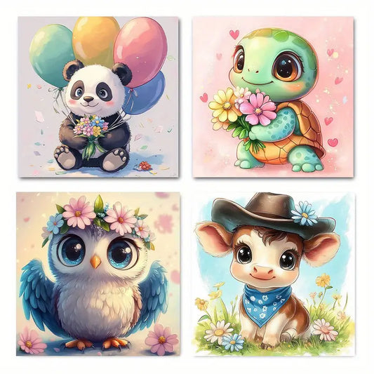 4pcs Vintage Pandas, Turtles, Owls & Cow Cute Wall Art Canvas Framed