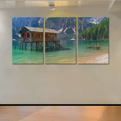 3pcs Mountains And House on Lakes Wall Art Set Canvas Framed 50x70cm - High Quality Print 100% Australian Made Wall Canvas Ready to Hang