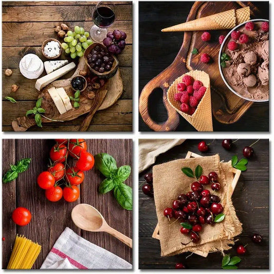 4pcs Grapes, Cheese, Ice Wall Art Canvas Framed