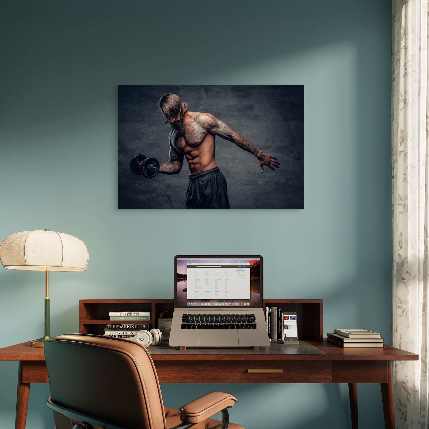 Tattooed Bodybuilder Lifting Dumbbell Workout Gym Fitness 5mm thick Plastic Poster Ready to Hang 90x60cm