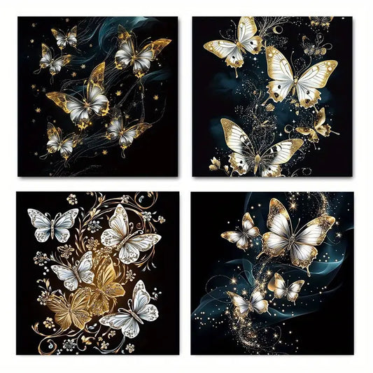 4pcs Elegant Abstract Golden Butterfly Leaves  Wall Art Canvas Framed