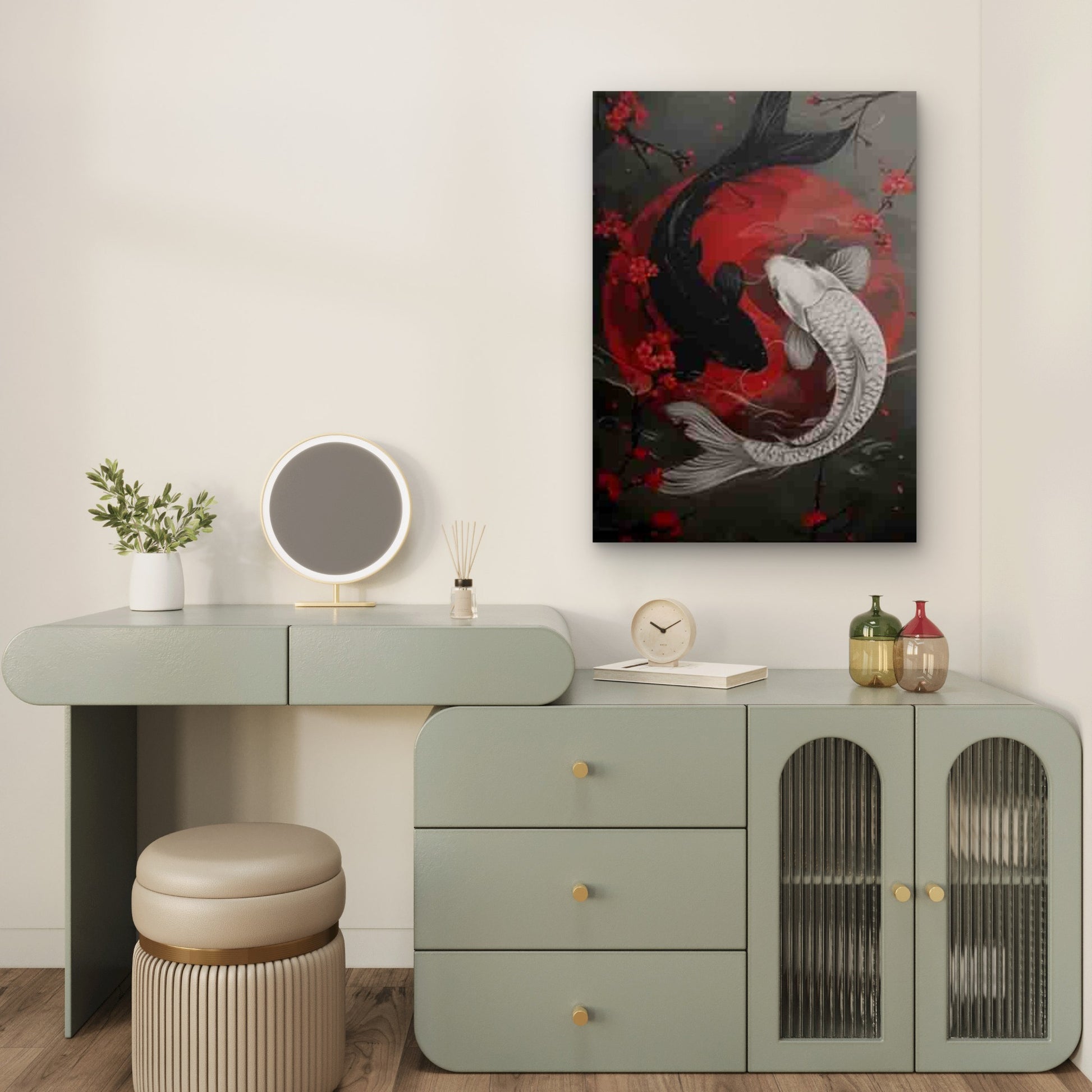 Yin Yang Koi Fish Red Moon Cherry Blossom Metal Print Ready to Hang - Bella Home Decor