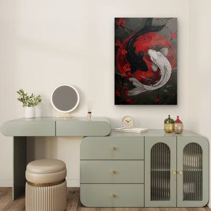 Yin Yang Koi Fish Red Moon Cherry Blossom Metal Print Ready to Hang - Bella Home Decor