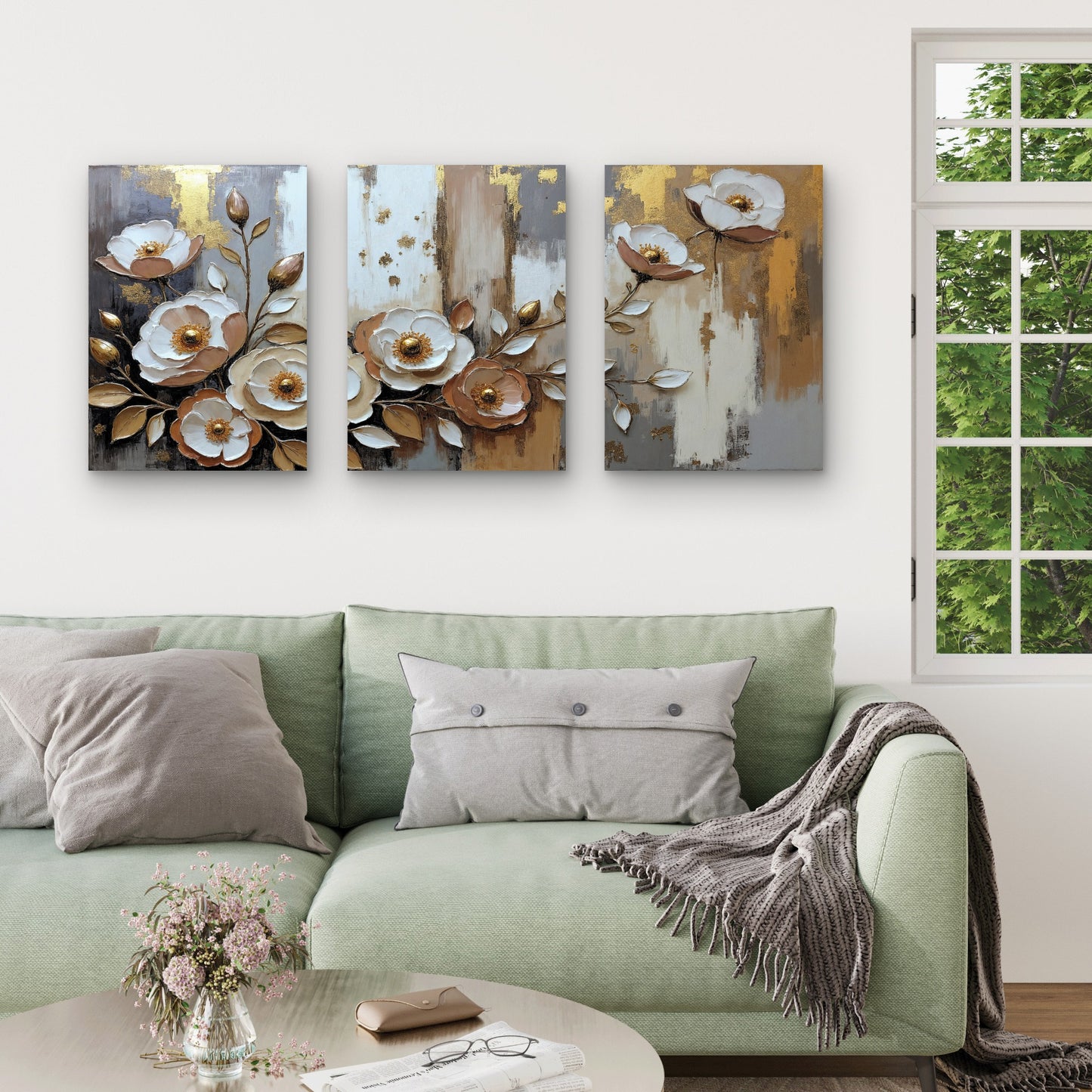 3pcs Luxury Gold Foil Cream Rose Floral Blossom  Wall Art Set Canvas Framed 40x60cm - High Quality Print 100% Australian Made Wall Canvas Ready to Hang
