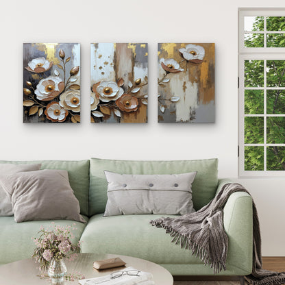 3pcs Luxury Gold Foil Cream Rose Floral Blossom  Wall Art Set Canvas Framed 50x70cm - High Quality Print 100% Australian Made Wall Canvas Ready to Hang
