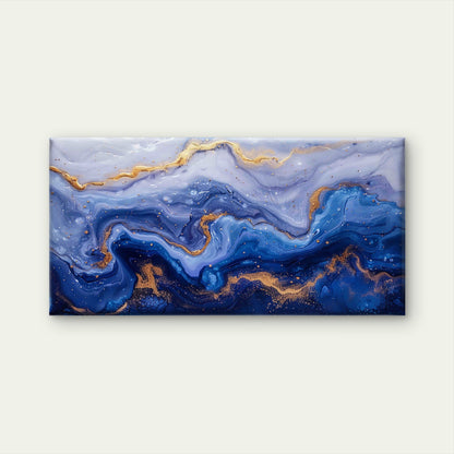 Abstract Blue and Gold Fluid Wall Art Canvas Office Home Room Framed 120x60cm