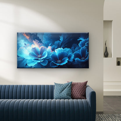 Neon Blue Floral Abstract Wall Art Canvas Office Home Room Framed 120x60cm