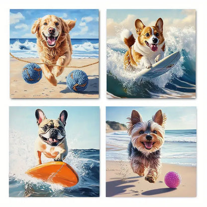 4pcs Funny Dogs At Beach Surfing & Playing Wall Art Canvas Framed
