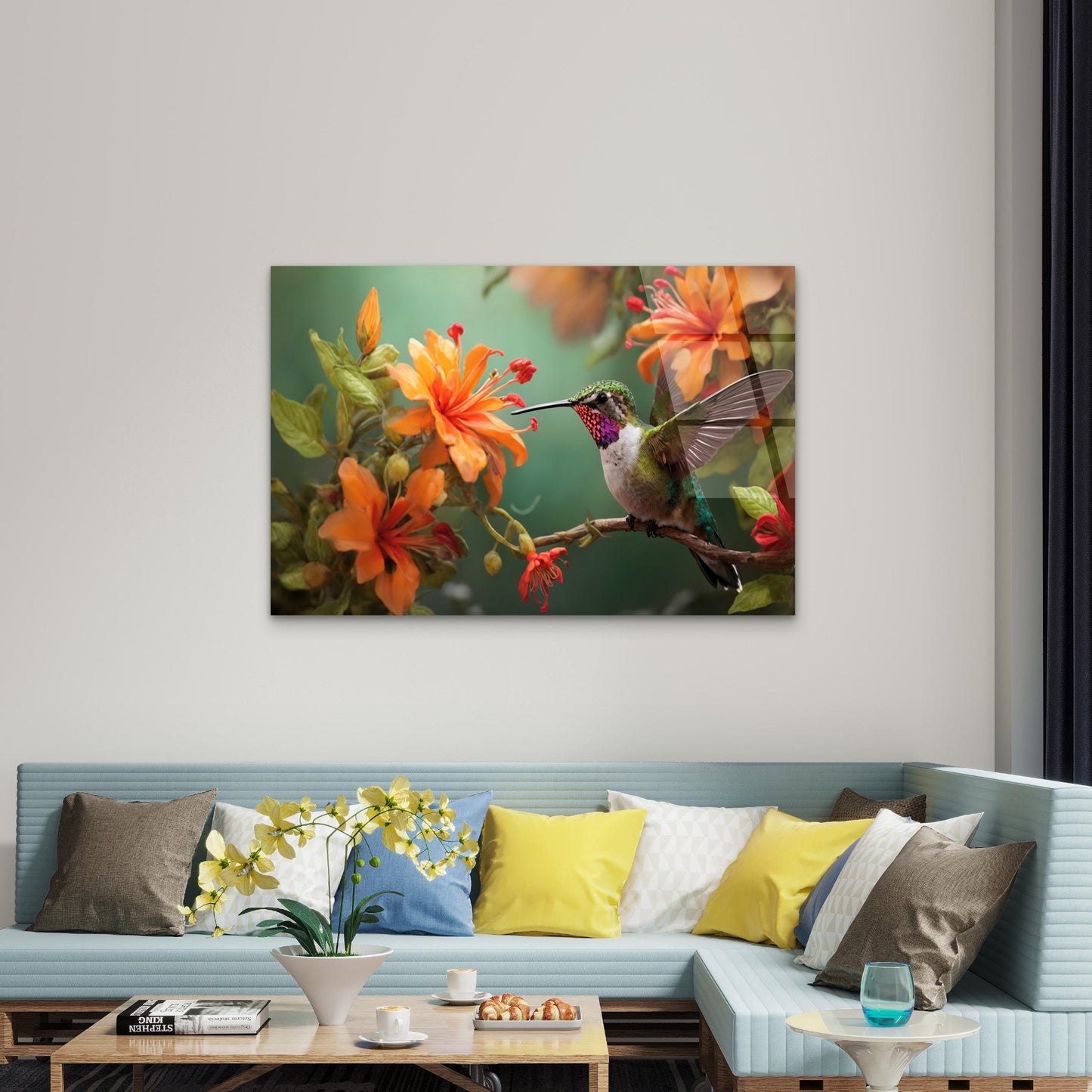 Hummingbird Orange Lily Flower Botanical   Acrylic Glass Printing Wall Art Australian Made Quality
