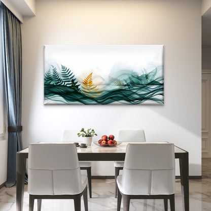 Golden Ferns Green Waves Wall Art Canvas Office Home Room Framed 120x60cm