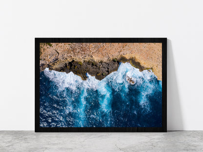 Sea Waves With Coast Glass Framed Wall Art, Ready to Hang Quality Print Without White Border Black