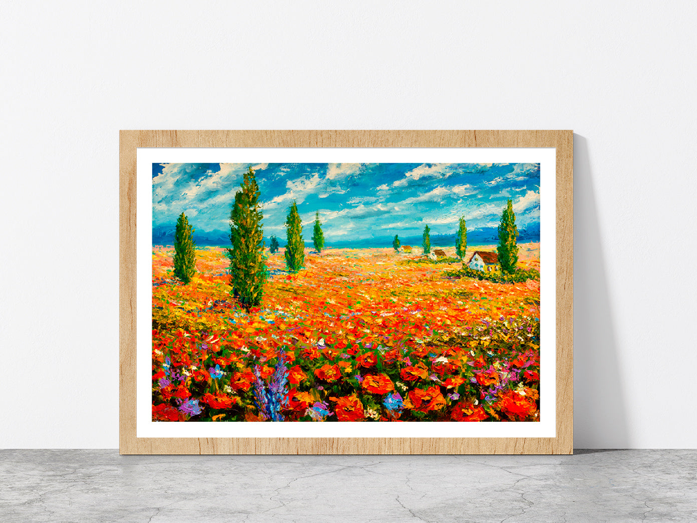 Flower Meadow Oil Painting Glass Framed Wall Art, Ready to Hang Quality Print With White Border Oak