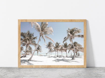 Sand Beach & Palm Trees Blue Sky Faded Photograph Glass Framed Wall Art, Ready to Hang Quality Print Without White Border Oak