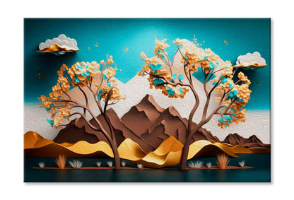 Brown Trees with Golden Flowers and Turquoise Mountains Wall Art Limited Edition High Quality Print