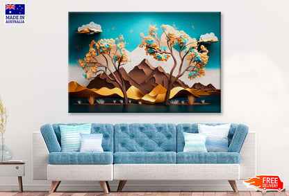 Brown Trees with Golden Flowers and Turquoise Mountains Wall Art Limited Edition High Quality Print