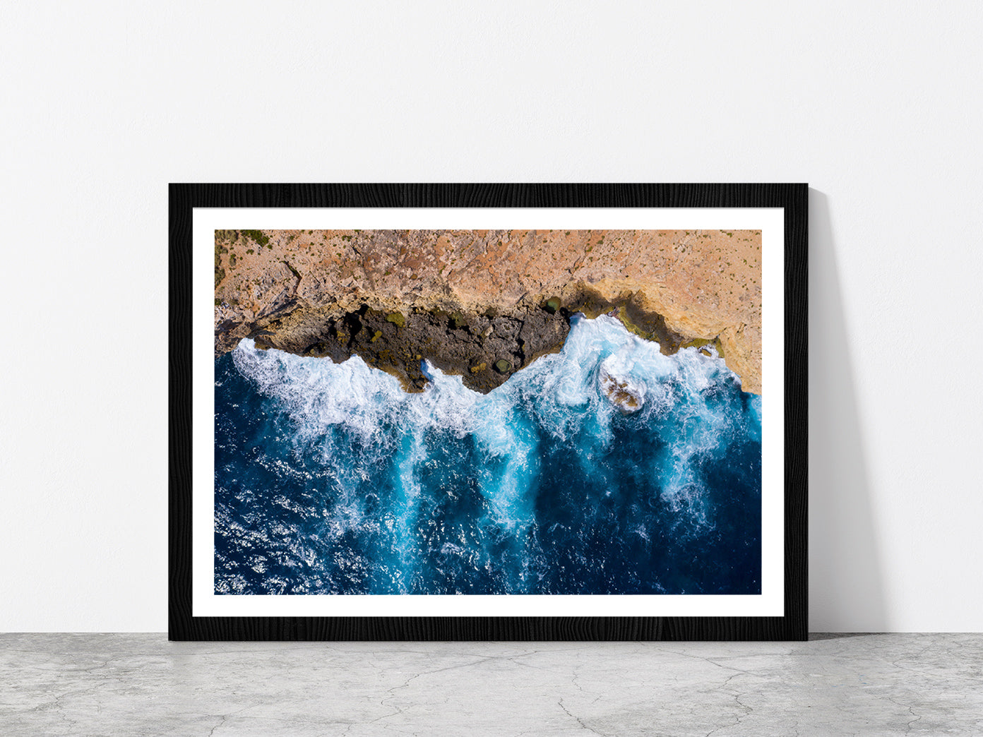 Sea Waves With Coast Glass Framed Wall Art, Ready to Hang Quality Print With White Border Black