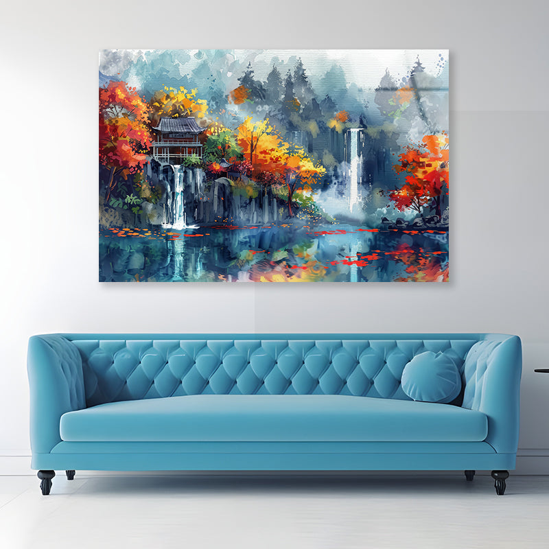 Waterfall, Trees & Building Acrylic Glass Print Tempered Glass Wall Art 100% Made in Australia Ready to Hang - Bella Home Decor