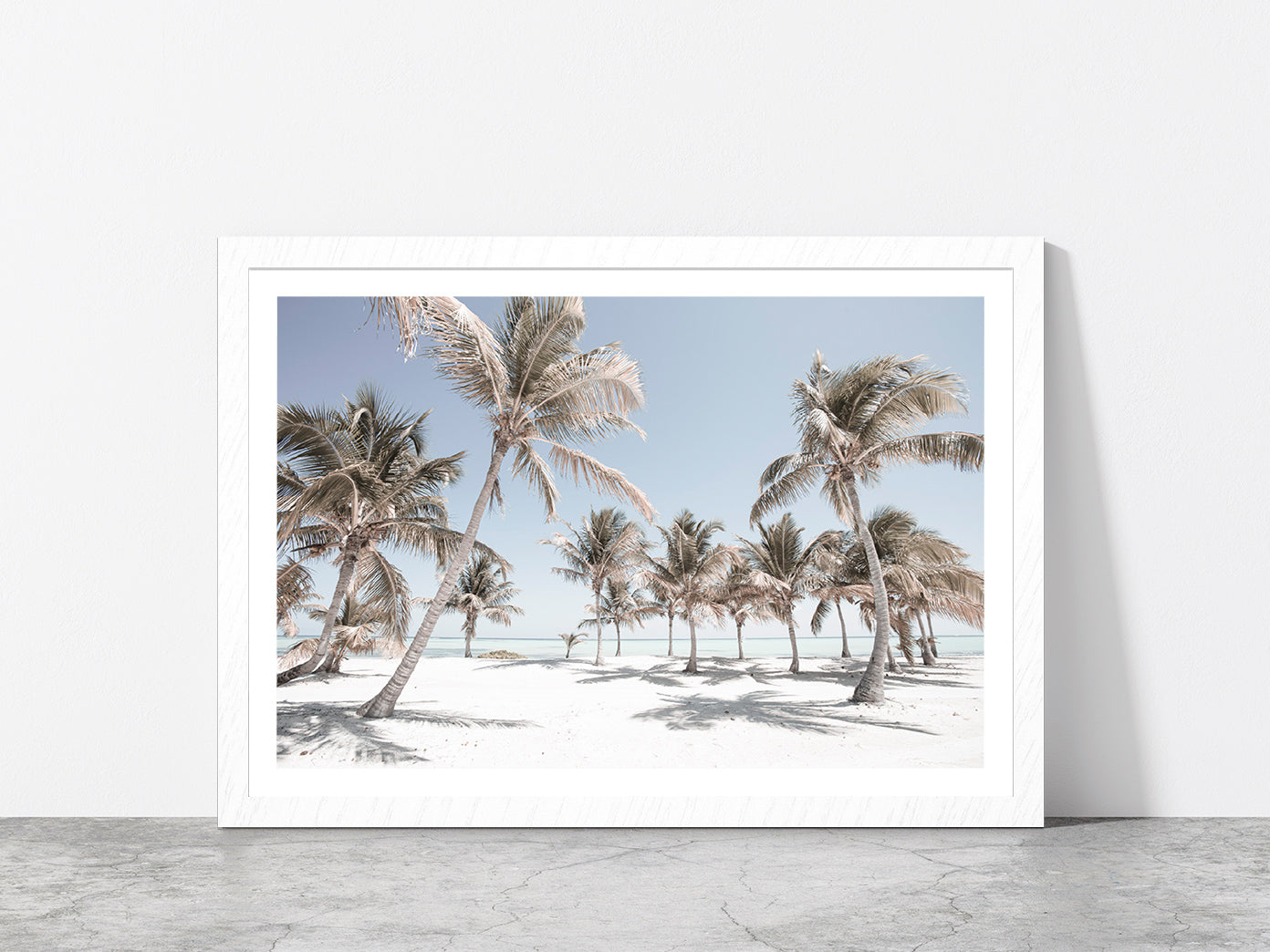 Sand Beach & Palm Trees Blue Sky Faded Photograph Glass Framed Wall Art, Ready to Hang Quality Print With White Border White