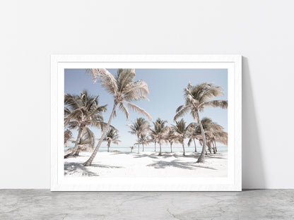 Sand Beach & Palm Trees Blue Sky Faded Photograph Glass Framed Wall Art, Ready to Hang Quality Print With White Border White