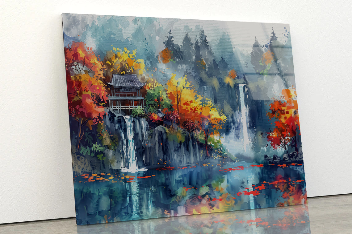 Waterfall, Trees & Building Acrylic Glass Print Tempered Glass Wall Art 100% Made in Australia Ready to Hang - Bella Home Decor