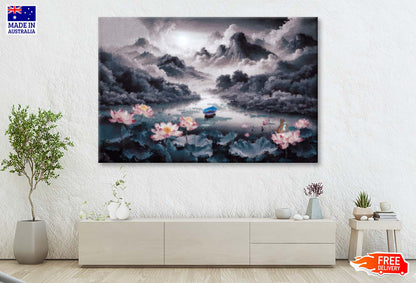 Summer Morning with Lotus, Pond, Distant Mountains Wall Art Limited Edition High Quality Print