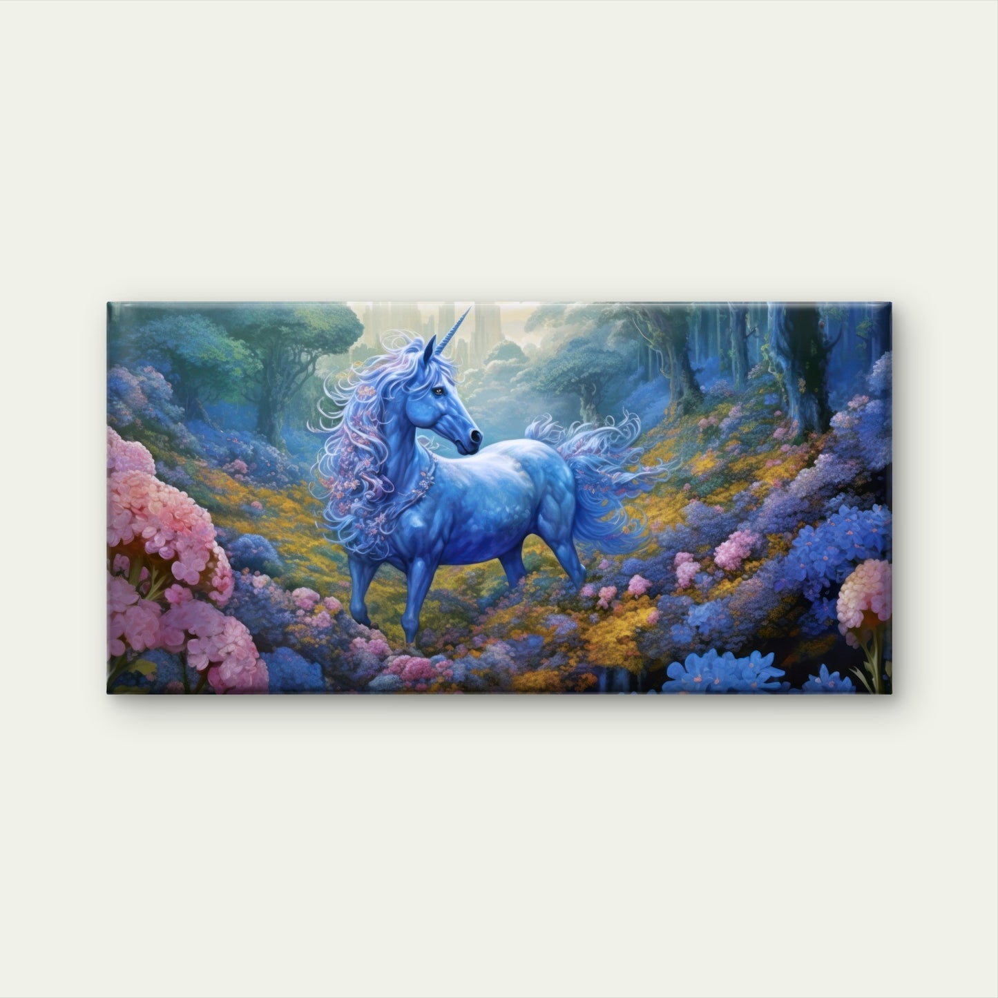 Mystic Blue Unicorn Forest Fantasy Meadow Wall Art Canvas Office Home Framed 120x60cm