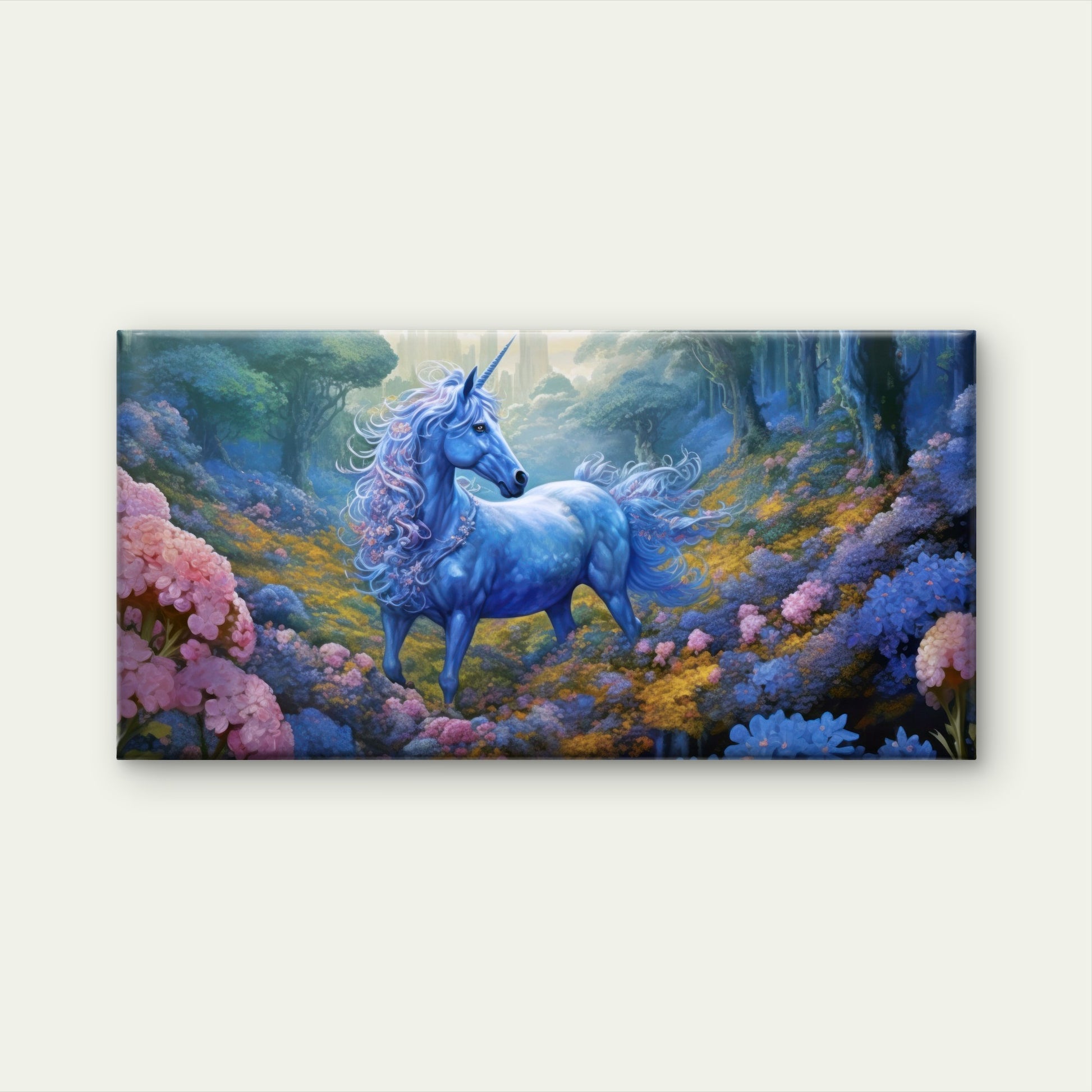 Mystic Blue Unicorn Forest Fantasy Meadow Wall Art Canvas Office Home Framed 120x60cm