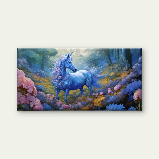 Mystic Blue Unicorn Forest Fantasy Meadow Wall Art Canvas Office Home Framed 120x60cm