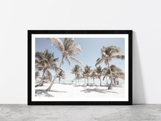 Sand Beach & Palm Trees Blue Sky Faded Photograph Glass Framed Wall Art, Ready to Hang Quality Print With White Border Black