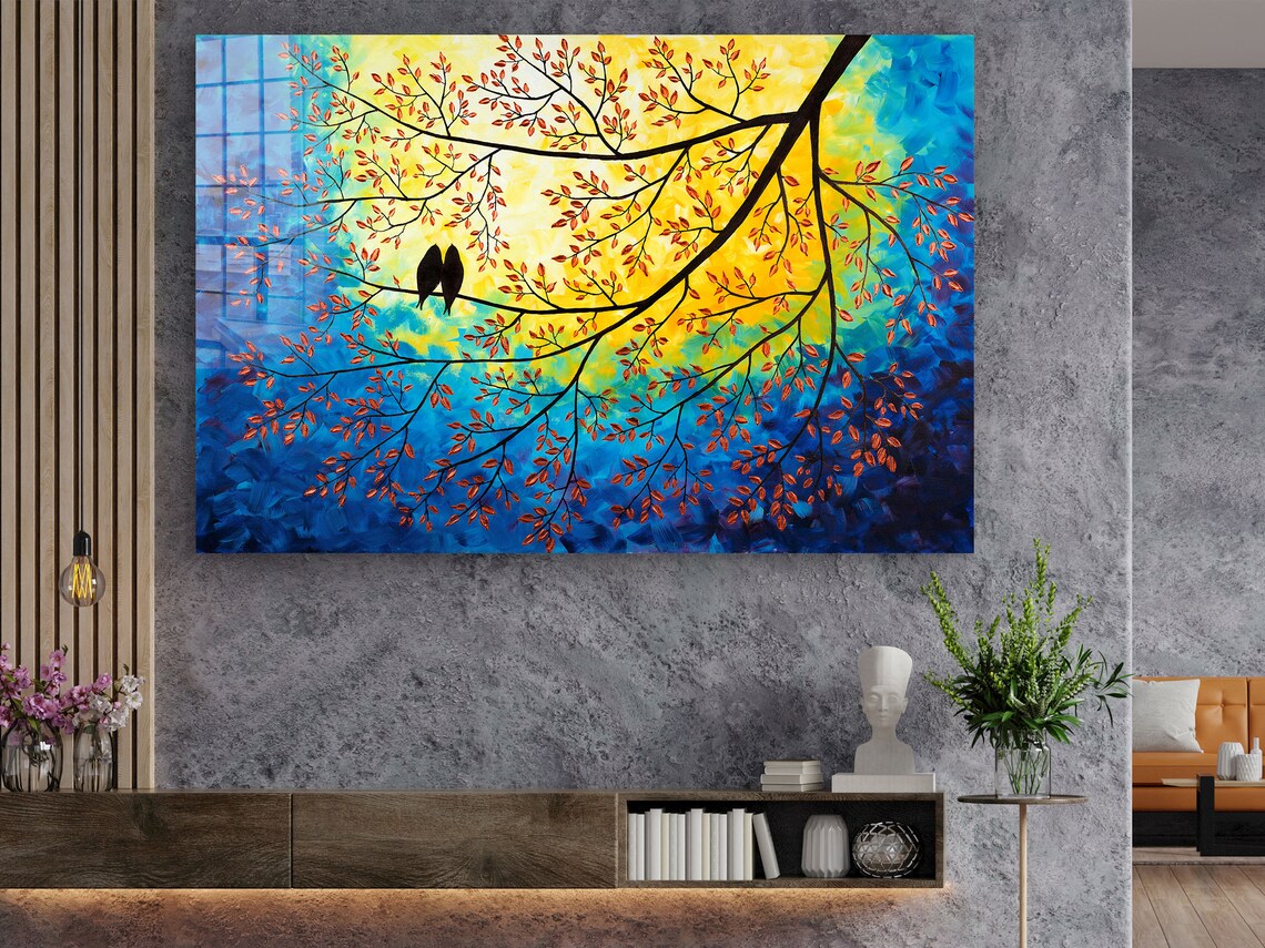 Birds on Tree Painting UV Direct Aluminum Print Australian Made Quality