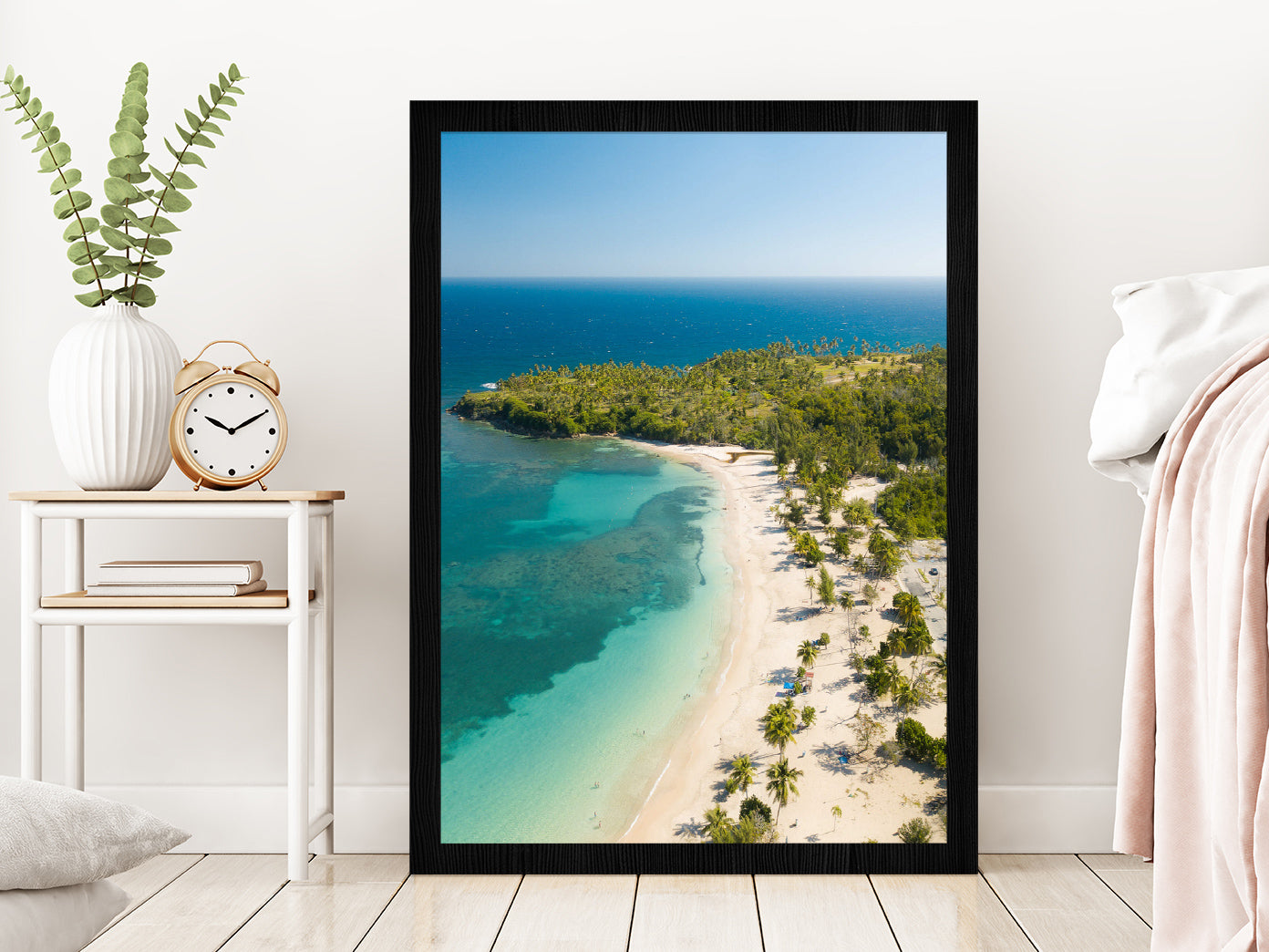 Vega Alta Beach & Palm Trees Puerto Rico Photograph Glass Framed Wall Art, Ready to Hang Quality Print Without White Border Black