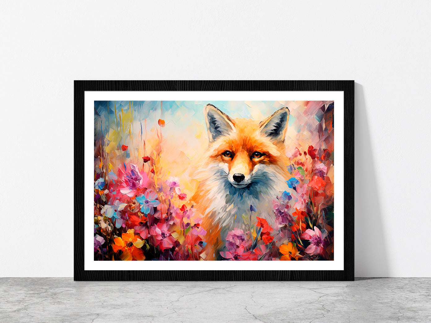 Fox In Flower Blossom Atmosphere Golden Colorful Glass Framed Wall Art, Ready to Hang Quality Print With White Border Black