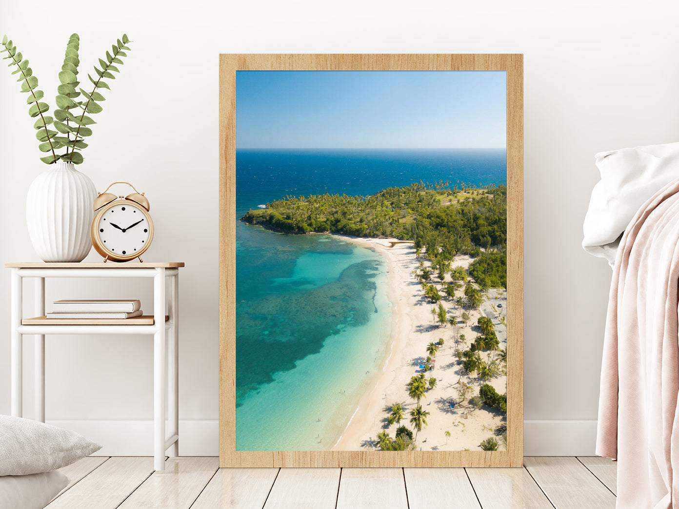 Vega Alta Beach & Palm Trees Puerto Rico Photograph Glass Framed Wall Art, Ready to Hang Quality Print Without White Border Oak