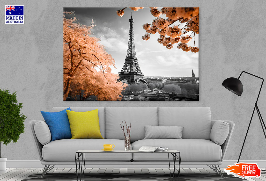 B&W Eiffel Tower Faded Flower Trees 90x60cm Print 100% Australian Made