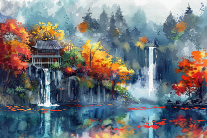 Waterfall, Trees & Building Home Decor Premium Quality Poster Print Choose Your Sizes - Bella Home Decor