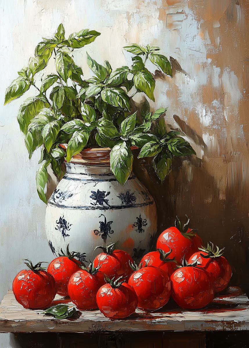 Italian Tomatoes and Basil Vase 60x90cm Metal Print Ready to Hang - Bella Home Decor
