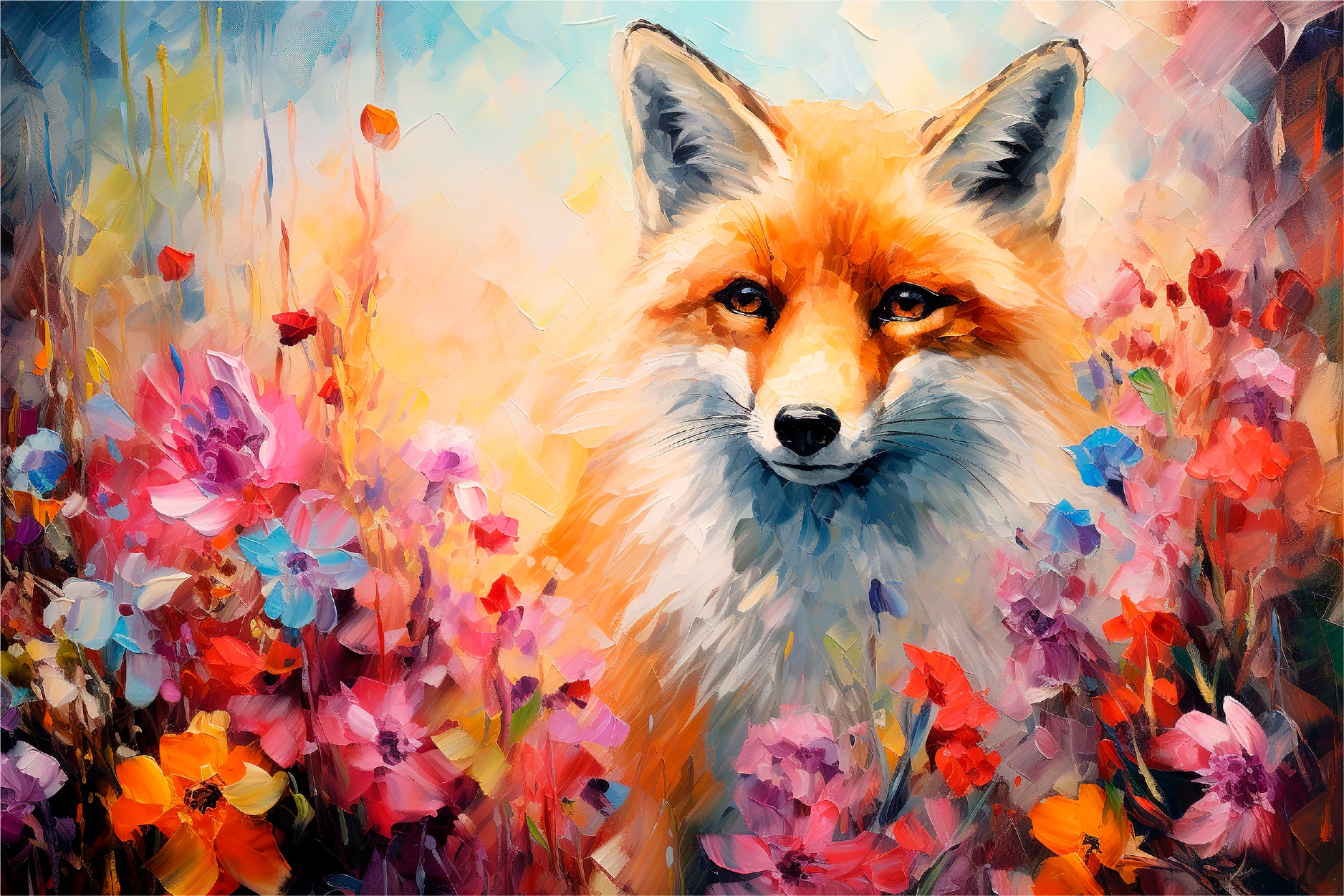 Fox In Flower Blossom Atmosphere Golden Colorful Glass Framed Wall Art, Ready to Hang Quality Print