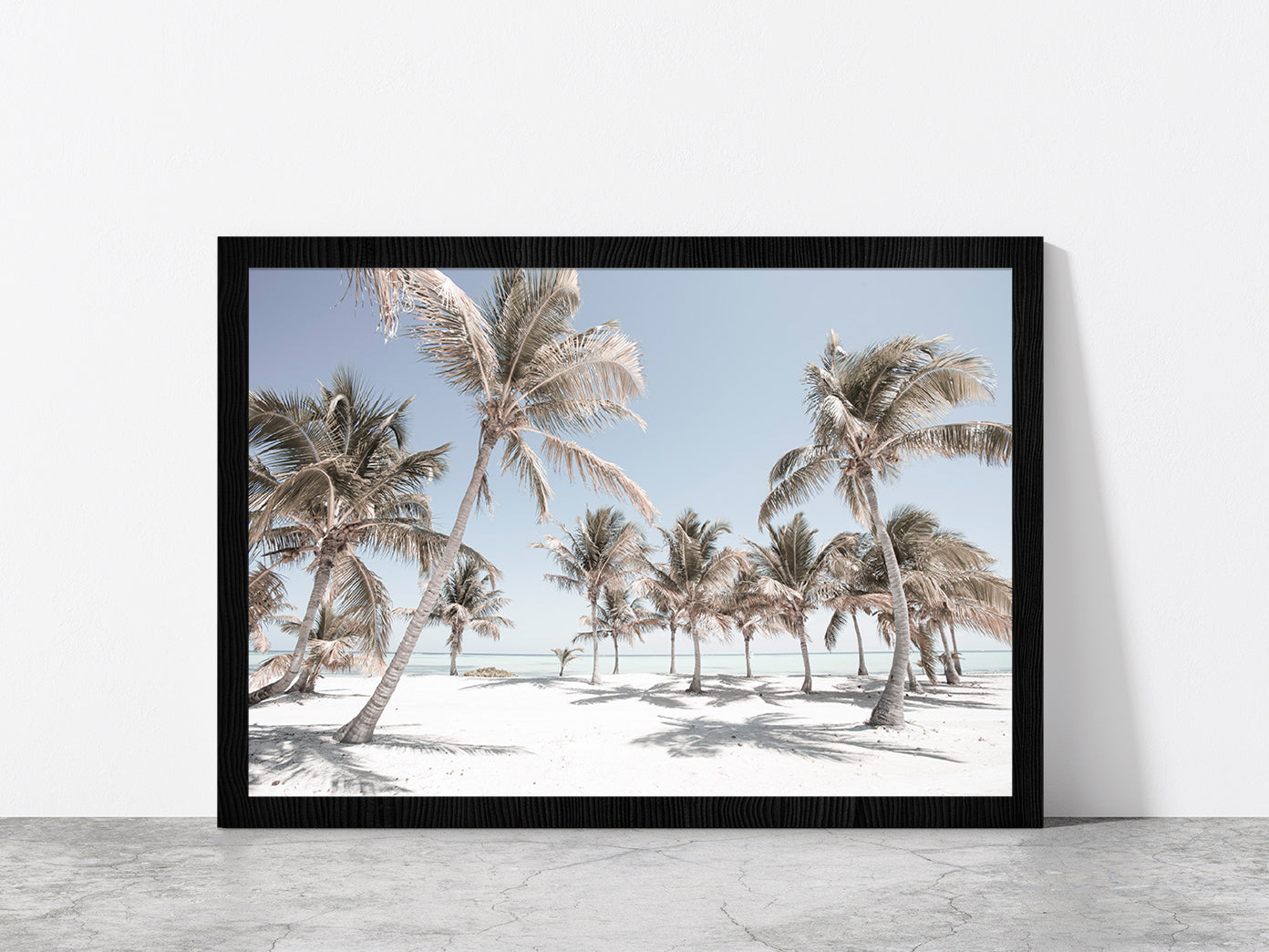 Sand Beach & Palm Trees Blue Sky Faded Photograph Glass Framed Wall Art, Ready to Hang Quality Print Without White Border Black