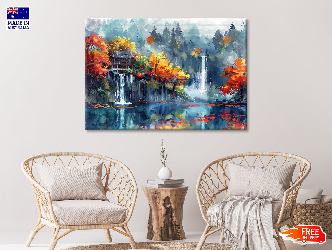 Waterfall, Trees & Building Print 100% Australian Made - Bella Home Decor