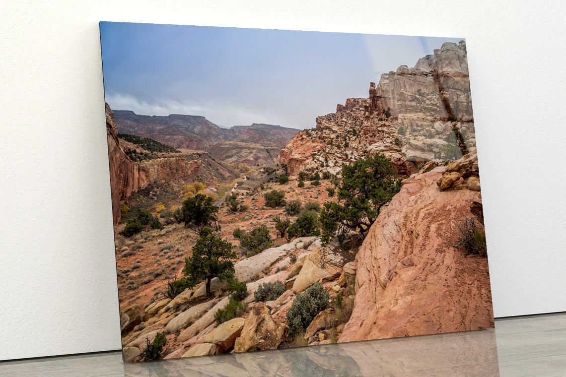 A Rocky Canyon with Trees & A Cloudy Sky Acrylic Glass Print Tempered Glass Wall Art 100% Made in Australia Ready to Hang