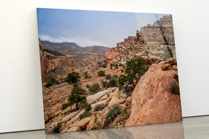 A Rocky Canyon with Trees & A Cloudy Sky Acrylic Glass Print Tempered Glass Wall Art 100% Made in Australia Ready to Hang