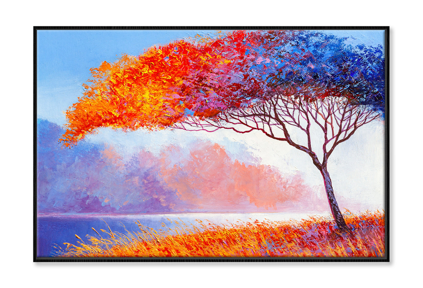 Colorful Autumn Trees near River Oil Painting Wall Art Limited Edition High Quality Print Canvas Box Framed Black