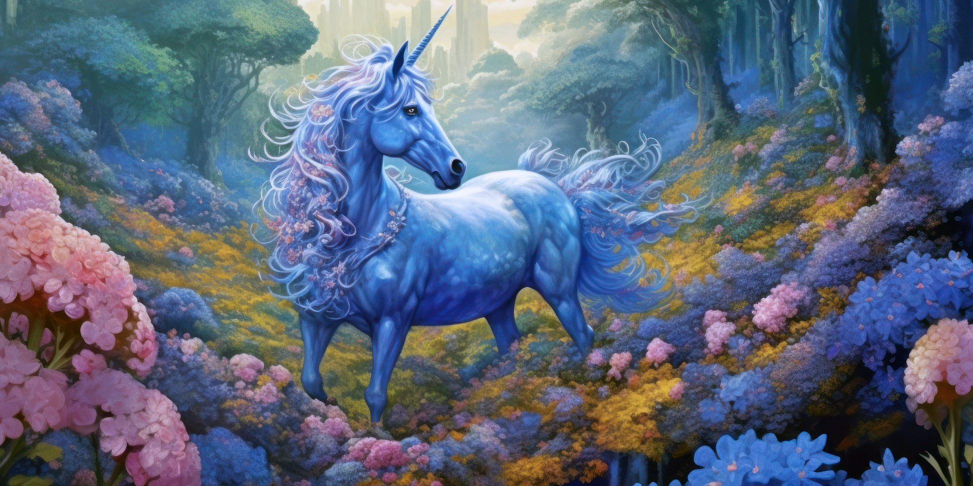 Mystic Blue Unicorn Forest Fantasy Meadow Wall Art Canvas Office Home Framed 120x60cm