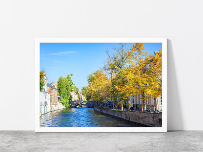 Water Of Canal In Town Of Bruges Glass Framed Wall Art, Ready to Hang Quality Print Without White Border White