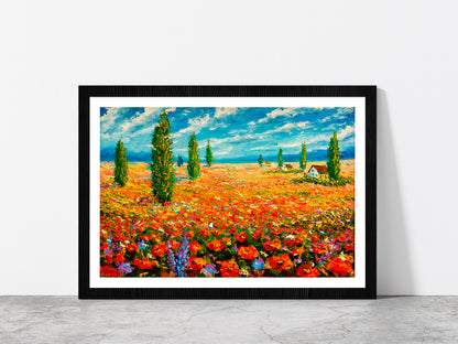 Flower Meadow Oil Painting Glass Framed Wall Art, Ready to Hang Quality Print With White Border Black